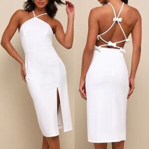 LULU'S M Glamorous Adornment Ivory Halter Strappy Bow Midi Dress NEW B66